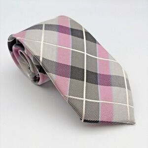 Bruno Marchesi Necktie Mens OS Pink Grey Black Plaid 100% Silk Hand Made Tie